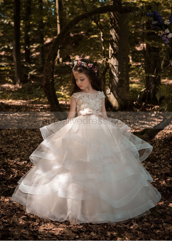 Beaded Ivory Lace Tulle Ruffle Horsehair Hem Flower Girl Dress